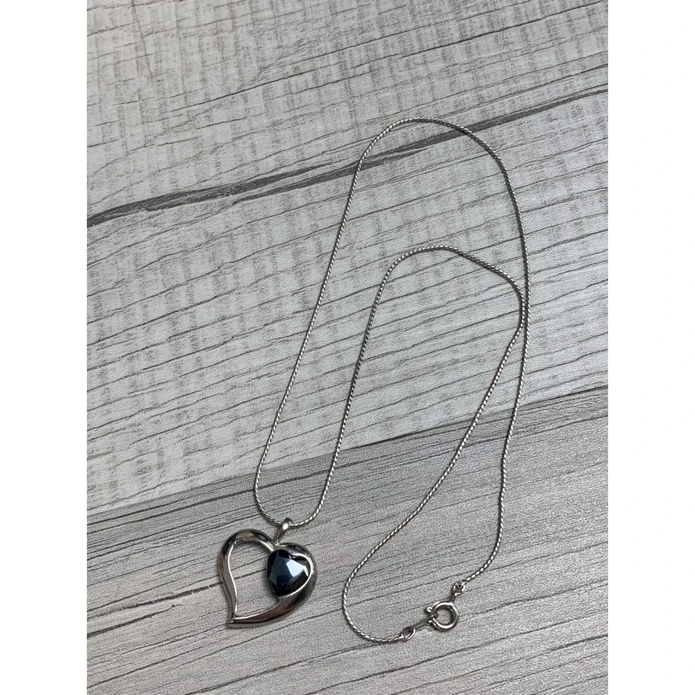 Silver Tone Open Heart Pendant Necklace with Black Heart Stone 18 Inch Chain